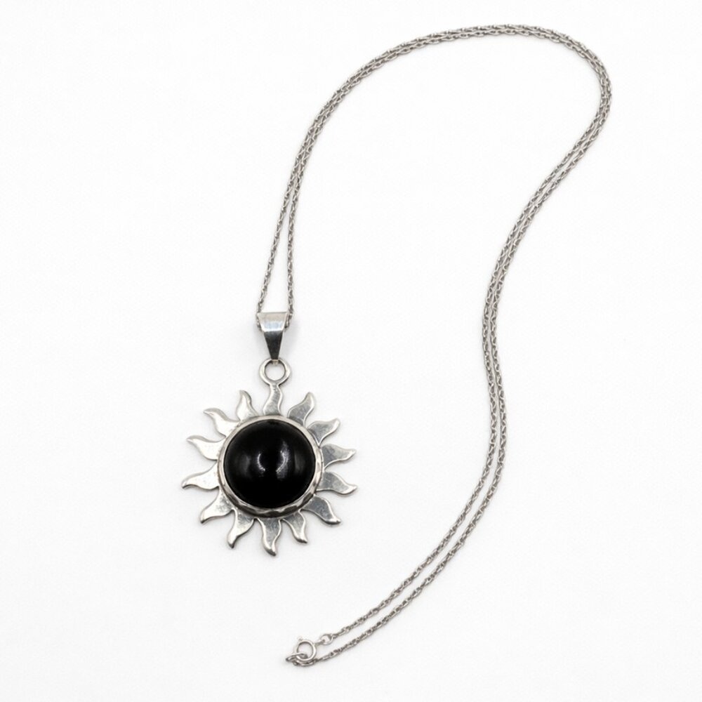 Vintage Sterling Silver Oynx Sunburst Pendant Necklace 925 Mexico